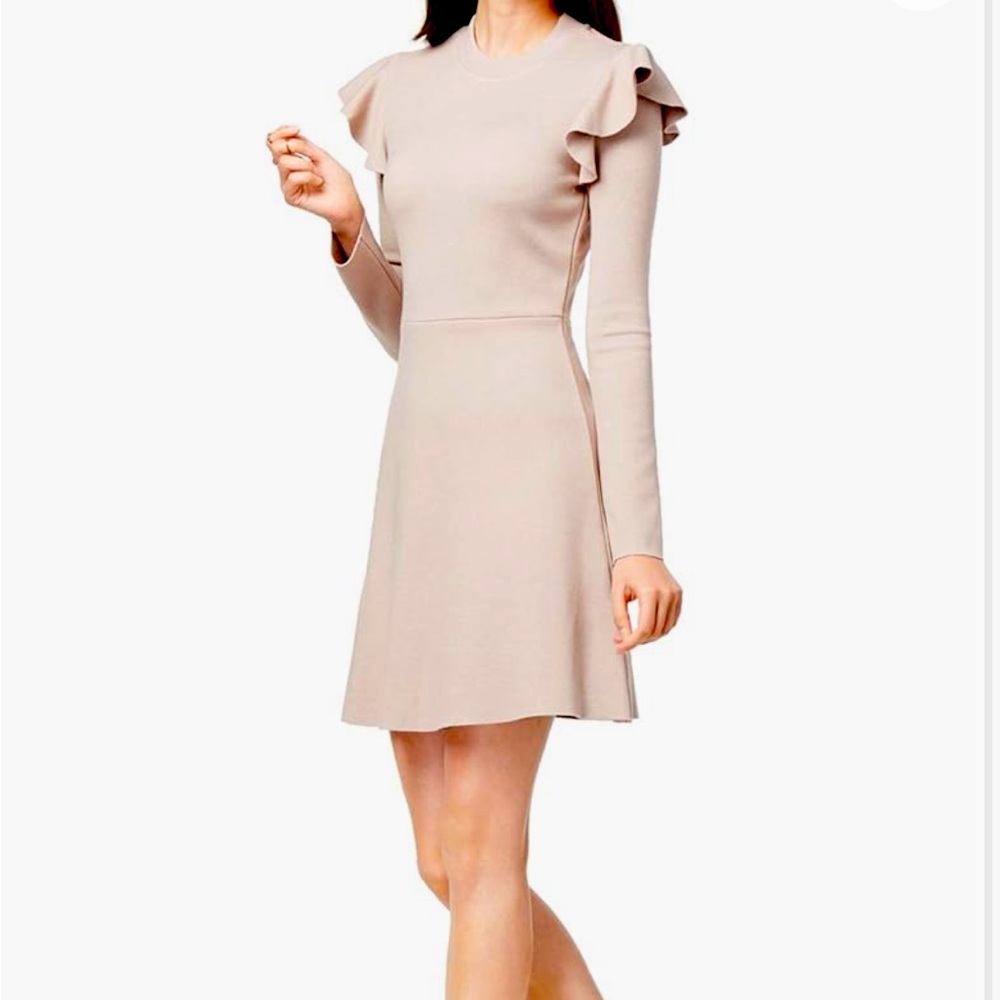 JOA Just One Answer Ruffle Sleeve Knit Dress Small Fit Flare taupe